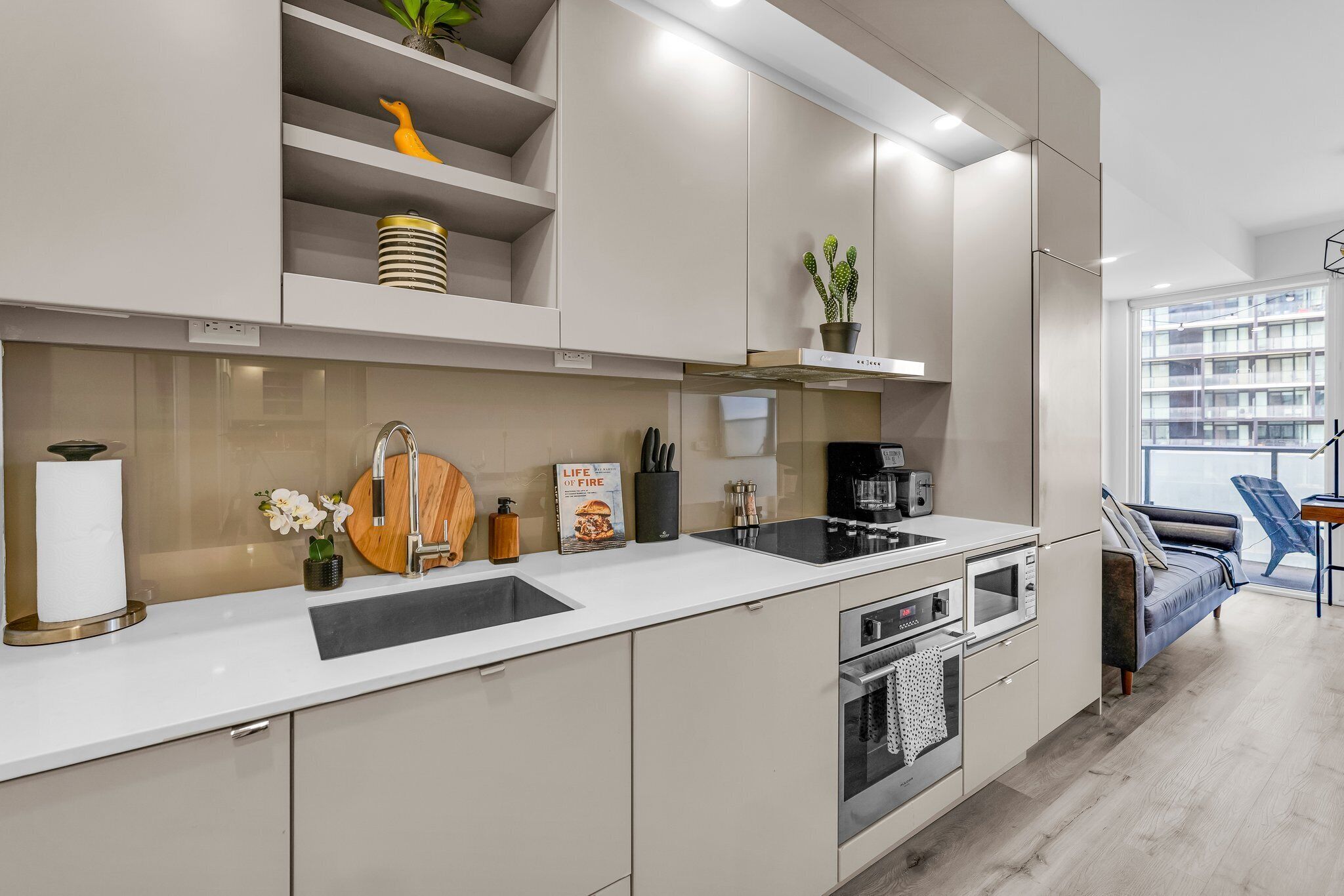 A modern kitchen with a built-in oven, a coffee machine, and a sink. There is a shelf with decorative items and a potted plant.