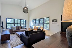 TV, fireplace, books