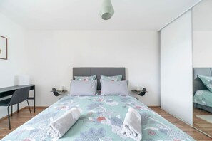 1 bedroom, desk, iron/ironing board, travel cot