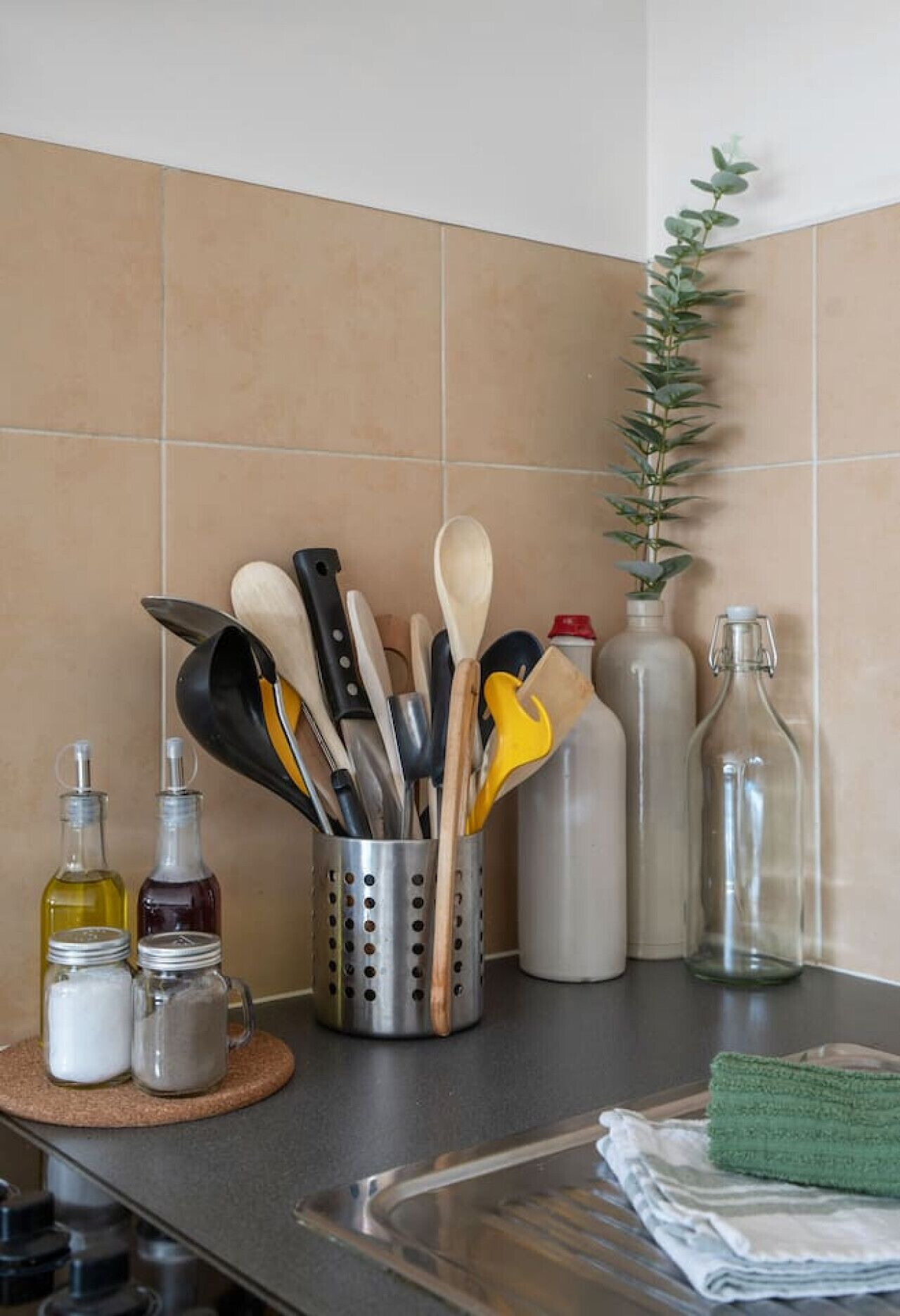 A kitchen counter with various utensils, bottles, and a plant.