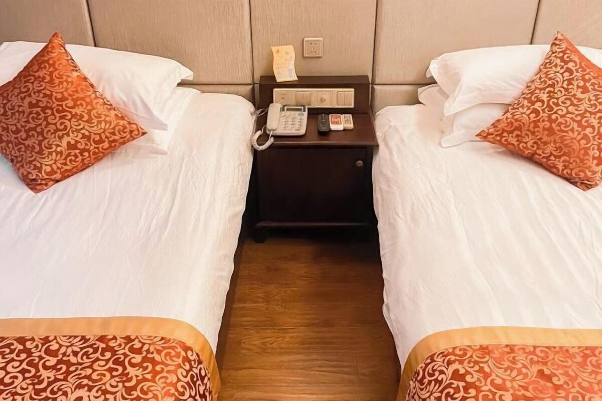 A hotel room with two beds, each with a patterned pillow and a nightstand with a phone and a small item on it.