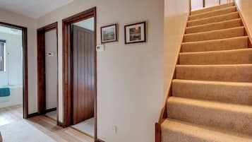 A staircase with carpeted steps, wooden doors, and two framed pictures on the wall.