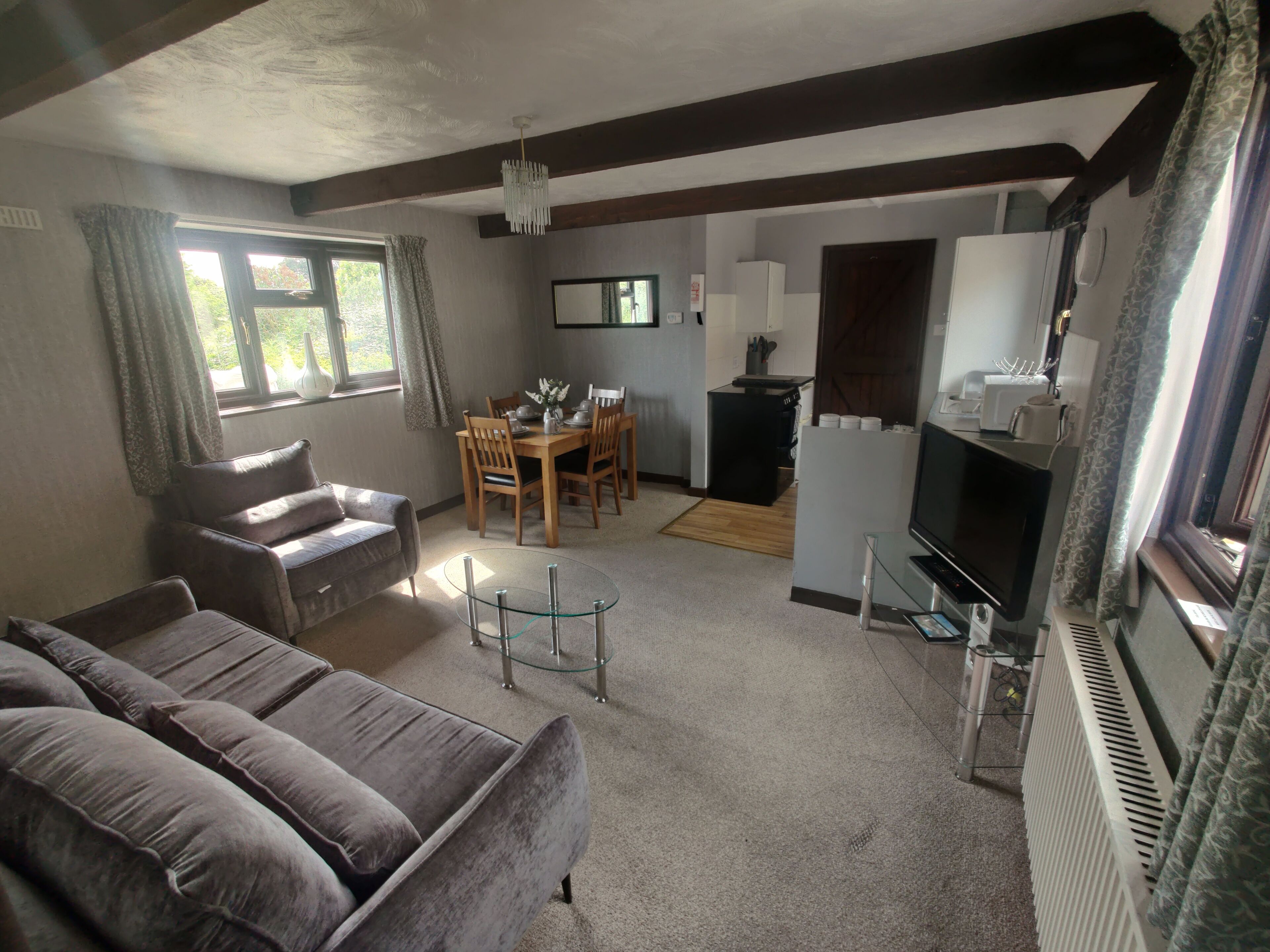 A living room with a sofa, a dining table with chairs, a TV, and a kitchen area with appliances.