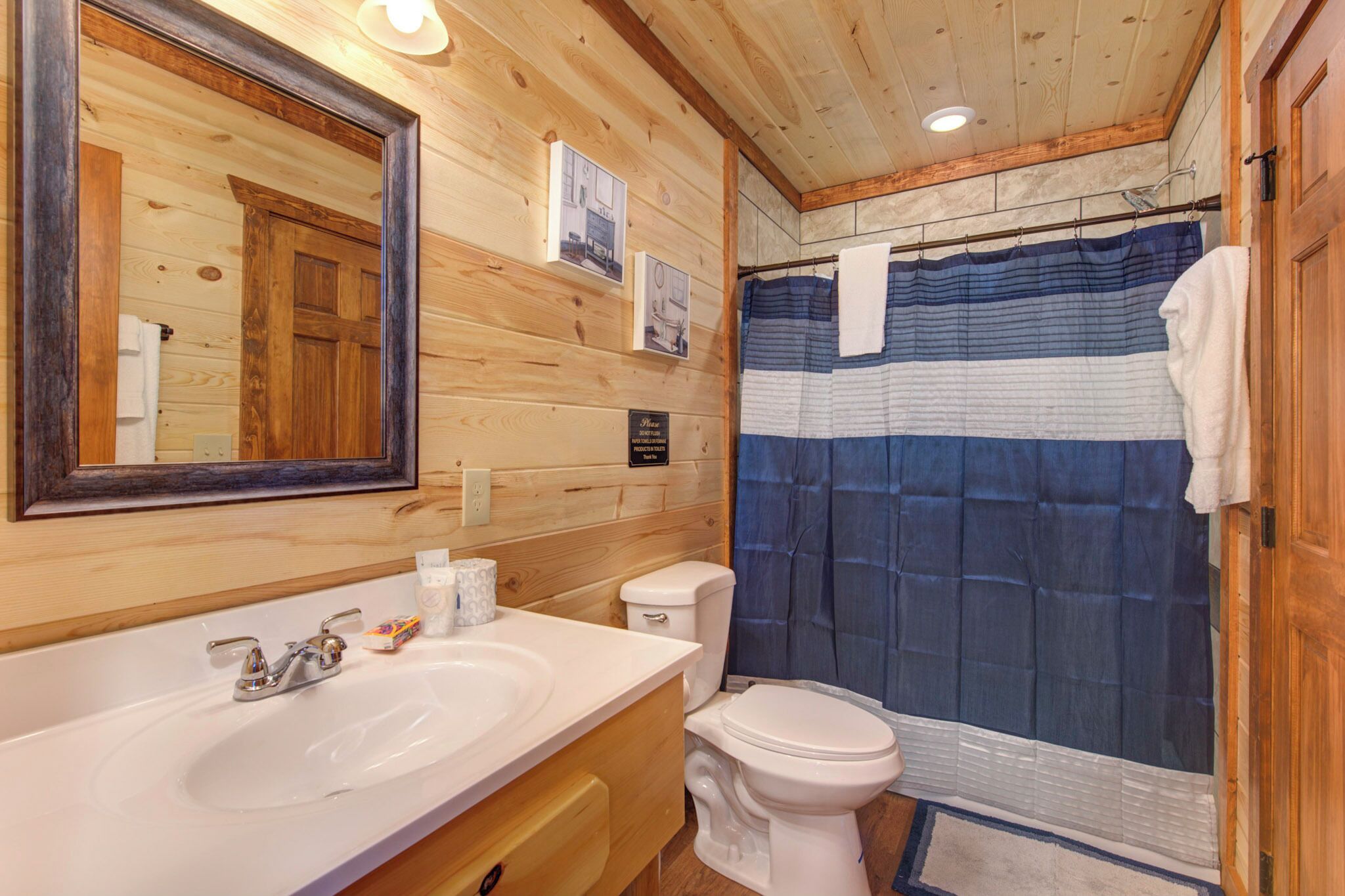 Bagno di una casetta in legno con lavandino, WC e tenda da doccia.
