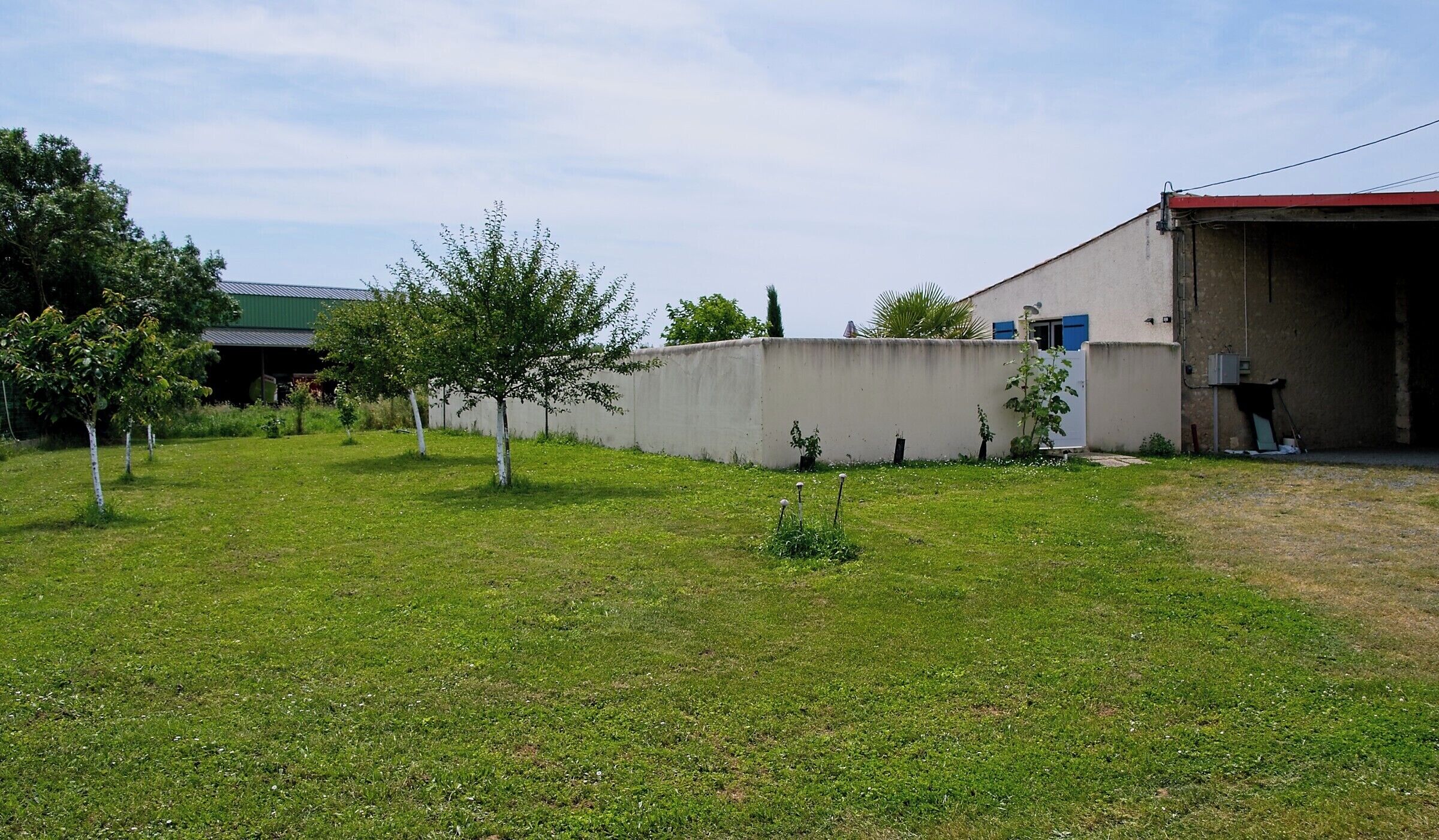 A grassy yard with a white building, a red roof, and a garage door.