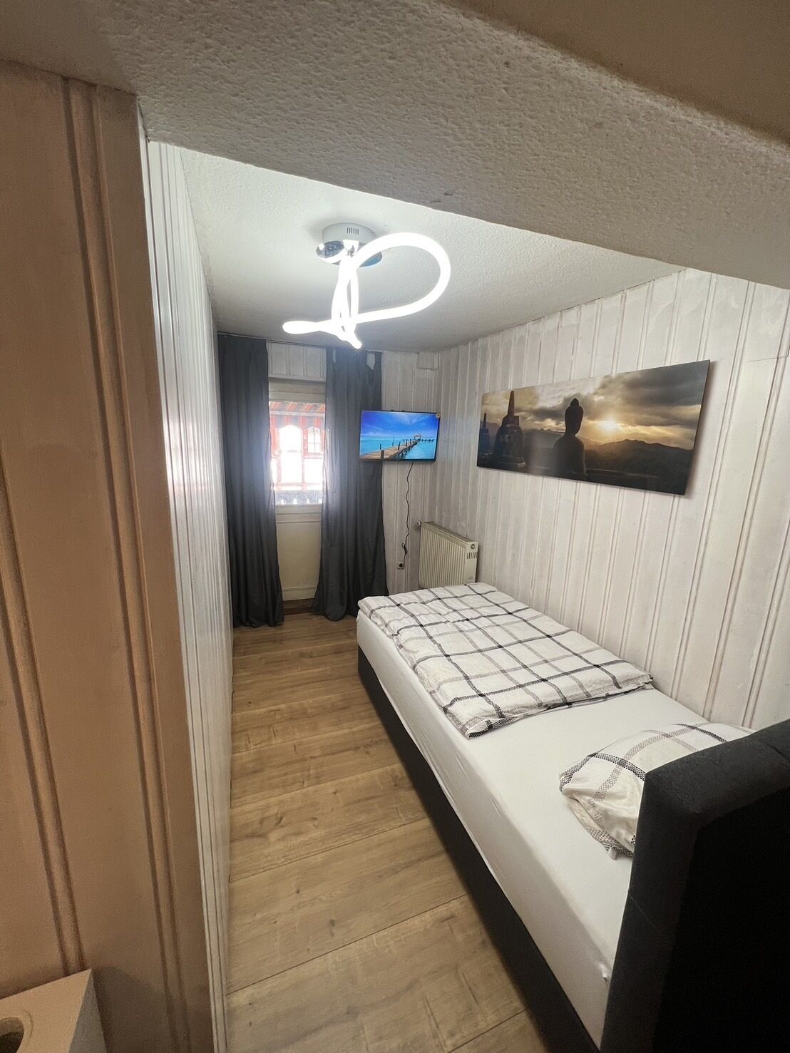Une chambre à coucher avec un lit, un téléviseur, un tableau et un luminaire au plafond.