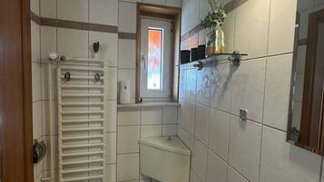 Un baño con inodoro, lavabo y ducha. Hay una ventana con vistas al exterior.