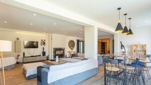 A modern living room with a large sofa, a TV, a fireplace, and a dining area with chairs and a table.