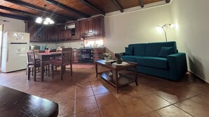 Un'ampia zona giorno con tavolo da pranzo, sedie, divano e una cucina sullo sfondo.