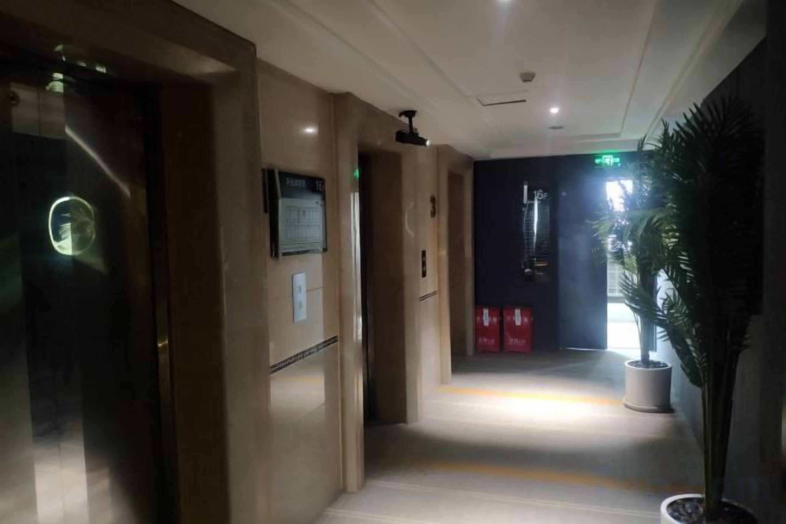 A hotel corridor with a reception desk, a plant, and a sign indicating the direction to the elevator.