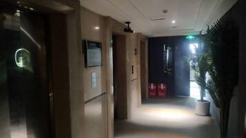 A hotel corridor with a reception desk, a plant, and a sign indicating the direction to the elevator.