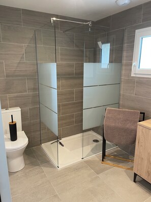Regadera, secadora de cabello, papel de baño