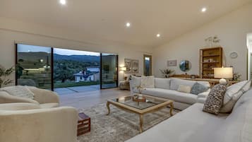 Smart TV, fireplace, books, offices