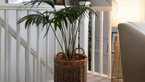 A staircase with a wicker plant basket on the landing, a lamp, and a chair. - The Barn, Chipping Norton (Chipping Norton)