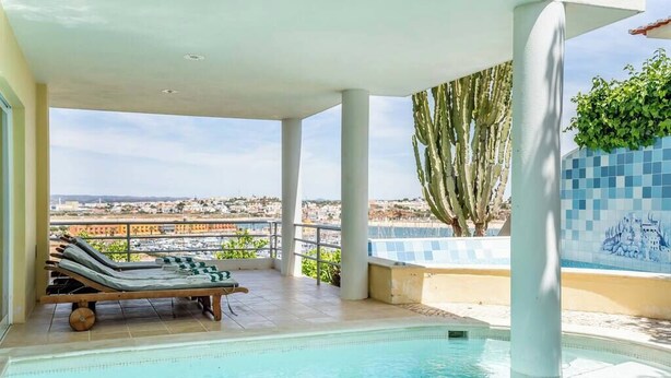 A pool area with lounge chairs, a view of the city, and a cactus plant.