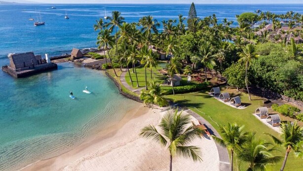 A coastal resort with a beach, palm trees, and a clear view of the ocean.