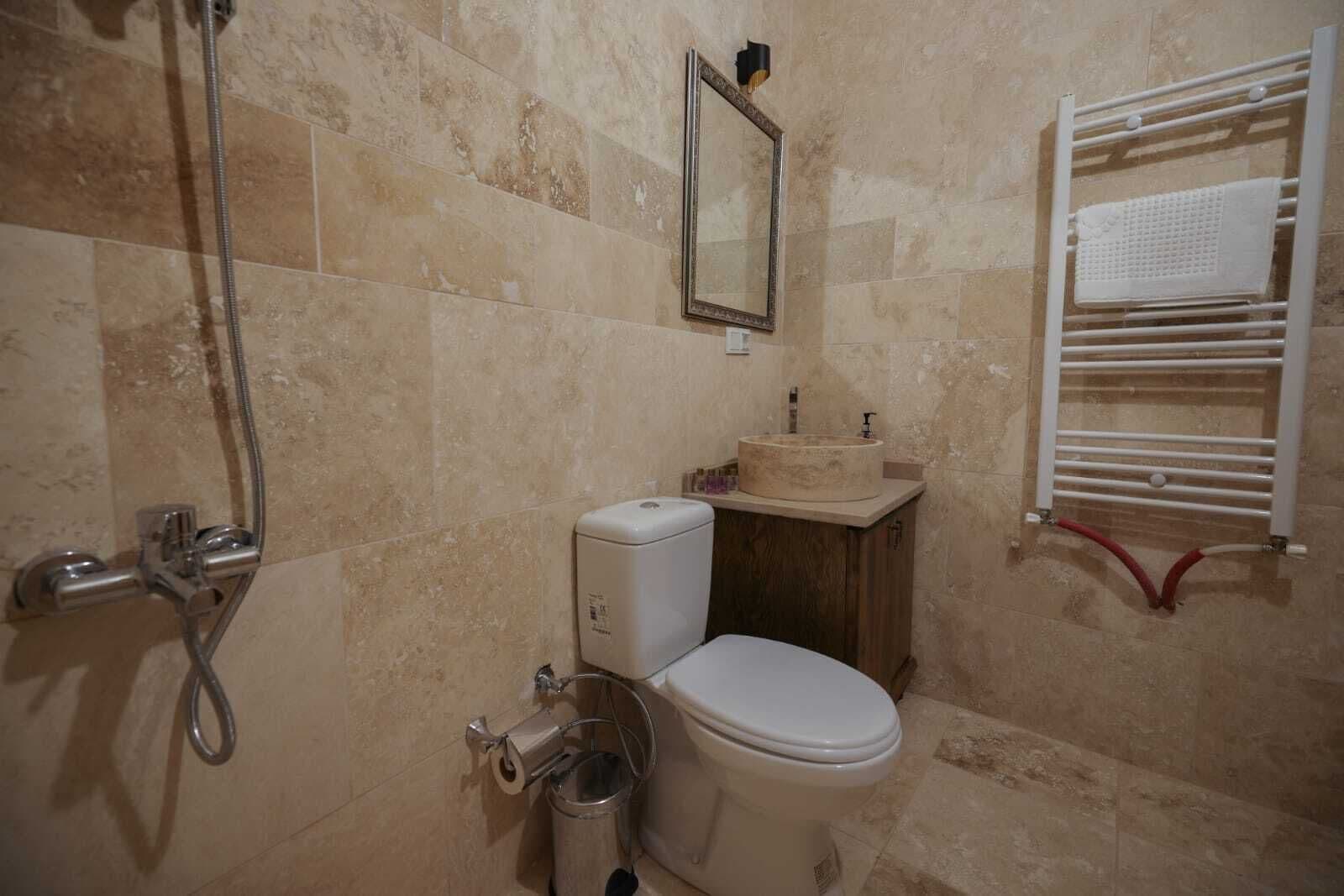A bathroom with a toilet, a sink, a mirror, and a towel rack.