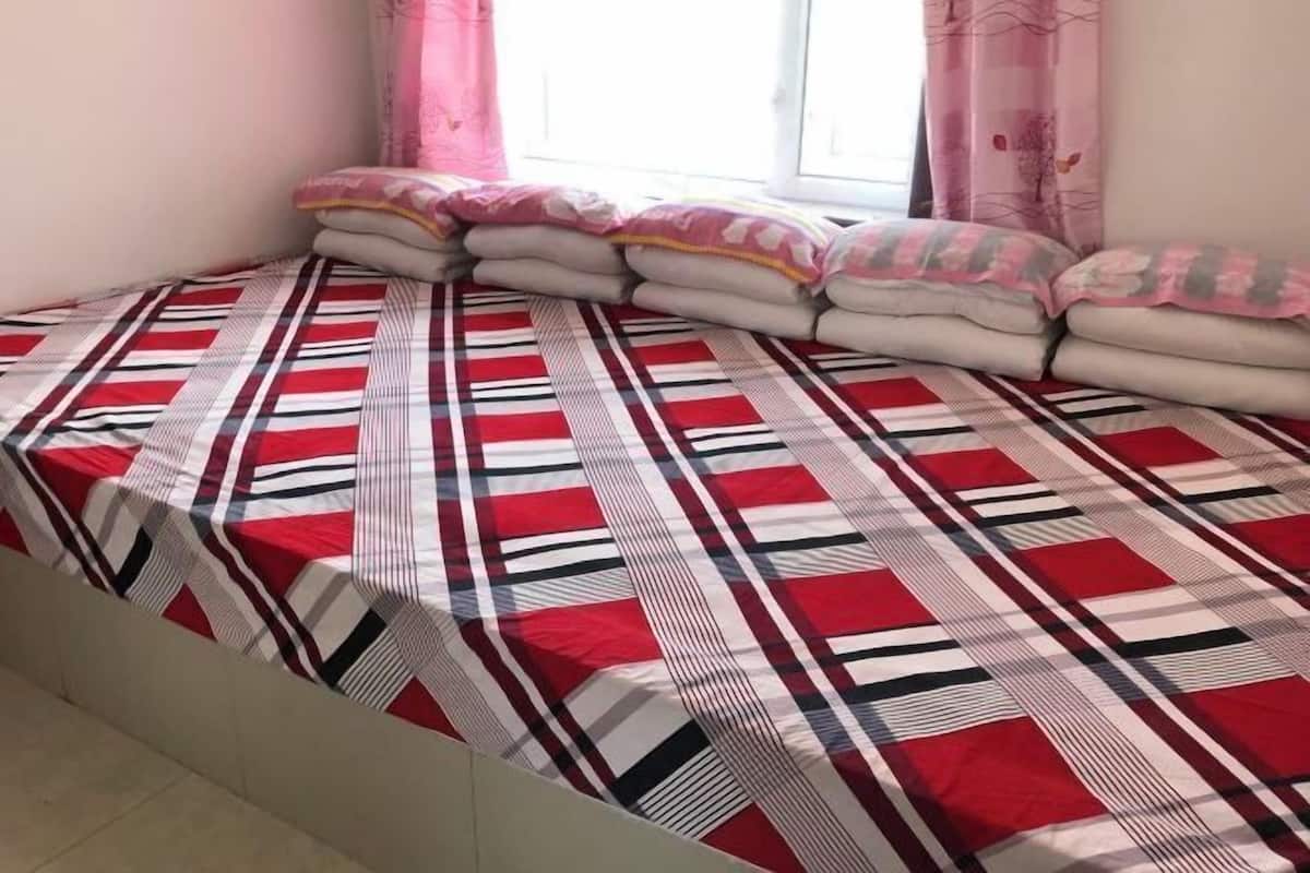 A bed with a striped bedspread, pillows, and a window with curtains.