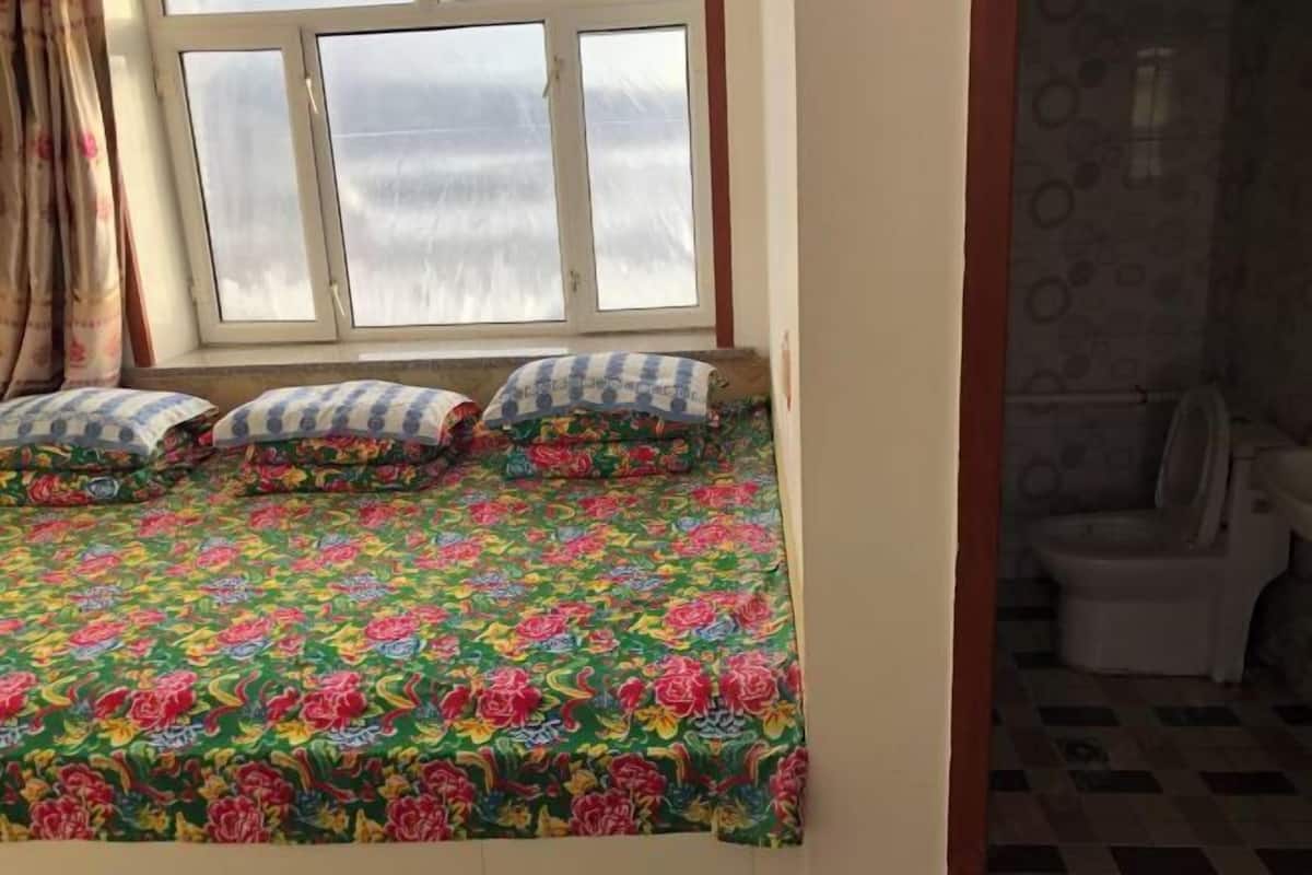 A room with a bed, a window, a curtain, and a toilet.