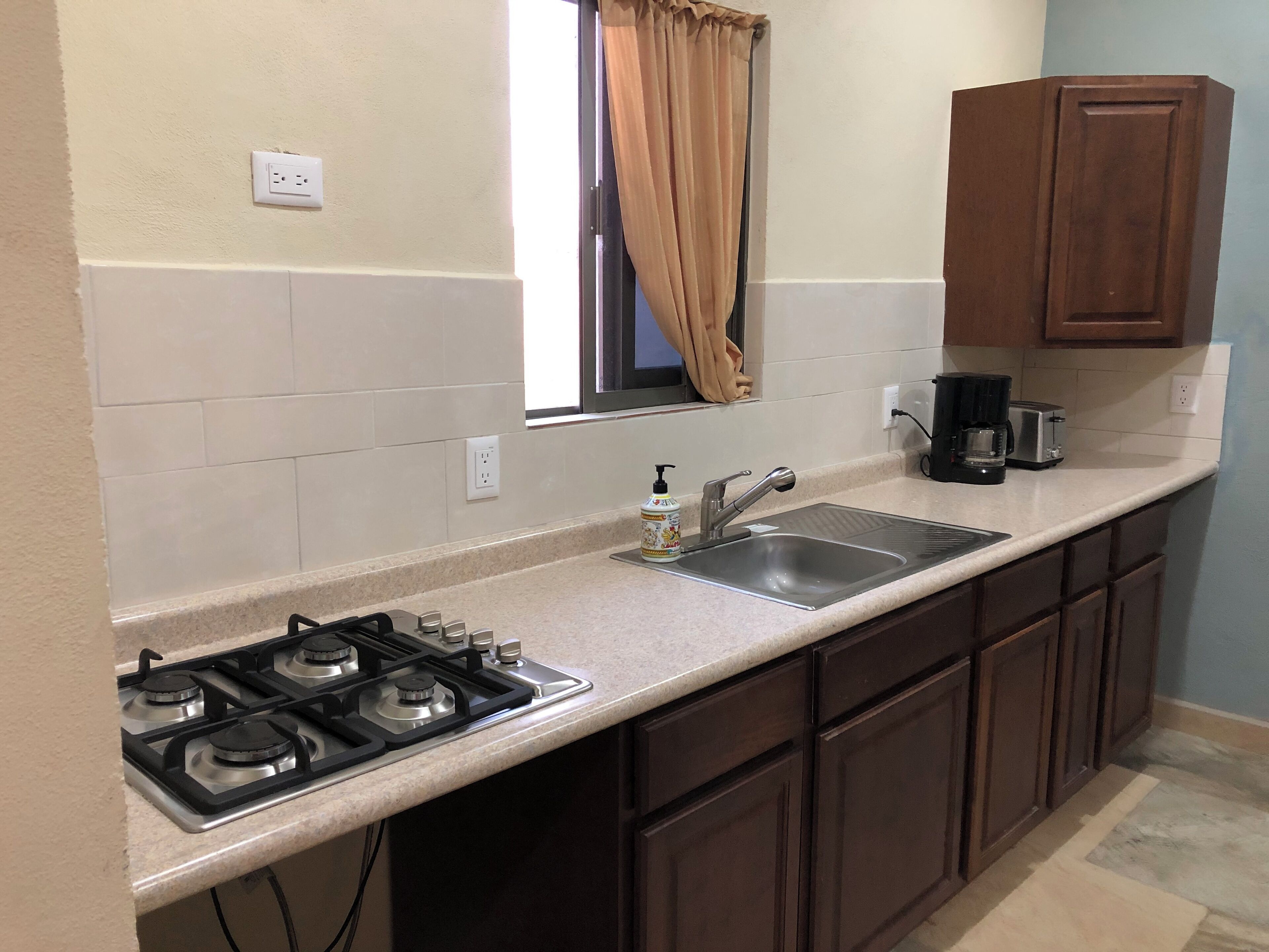 Fridge, stovetop, cookware/dishes/utensils