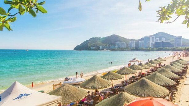 A beach with thatched umbrellas and beach chairs, a clear blue sea, and a cityscape in the background.