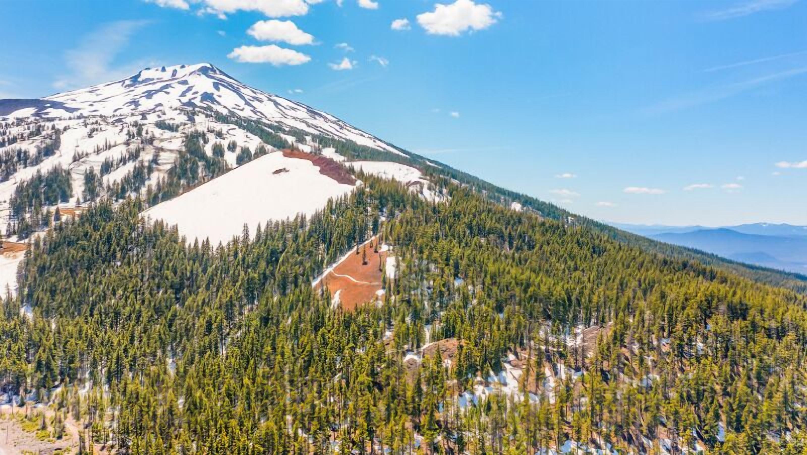 Ein Berg mit schneebedeckter Spitze, dichtem Wald und einem Gebäude mit rotem Dach.
