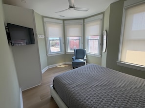 Une chambre à coucher avec un lit, une chaise, un téléviseur et un ventilateur de plafond.