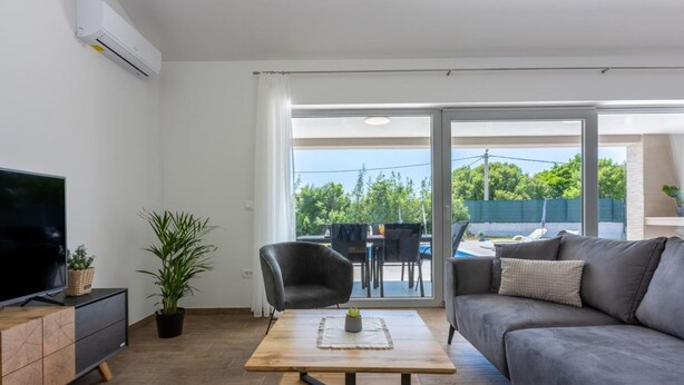 A modern living room with a flat-screen TV, a grey sofa, a wooden coffee table, and a potted plant. - Villa Sabina - Brgod (Rasa)