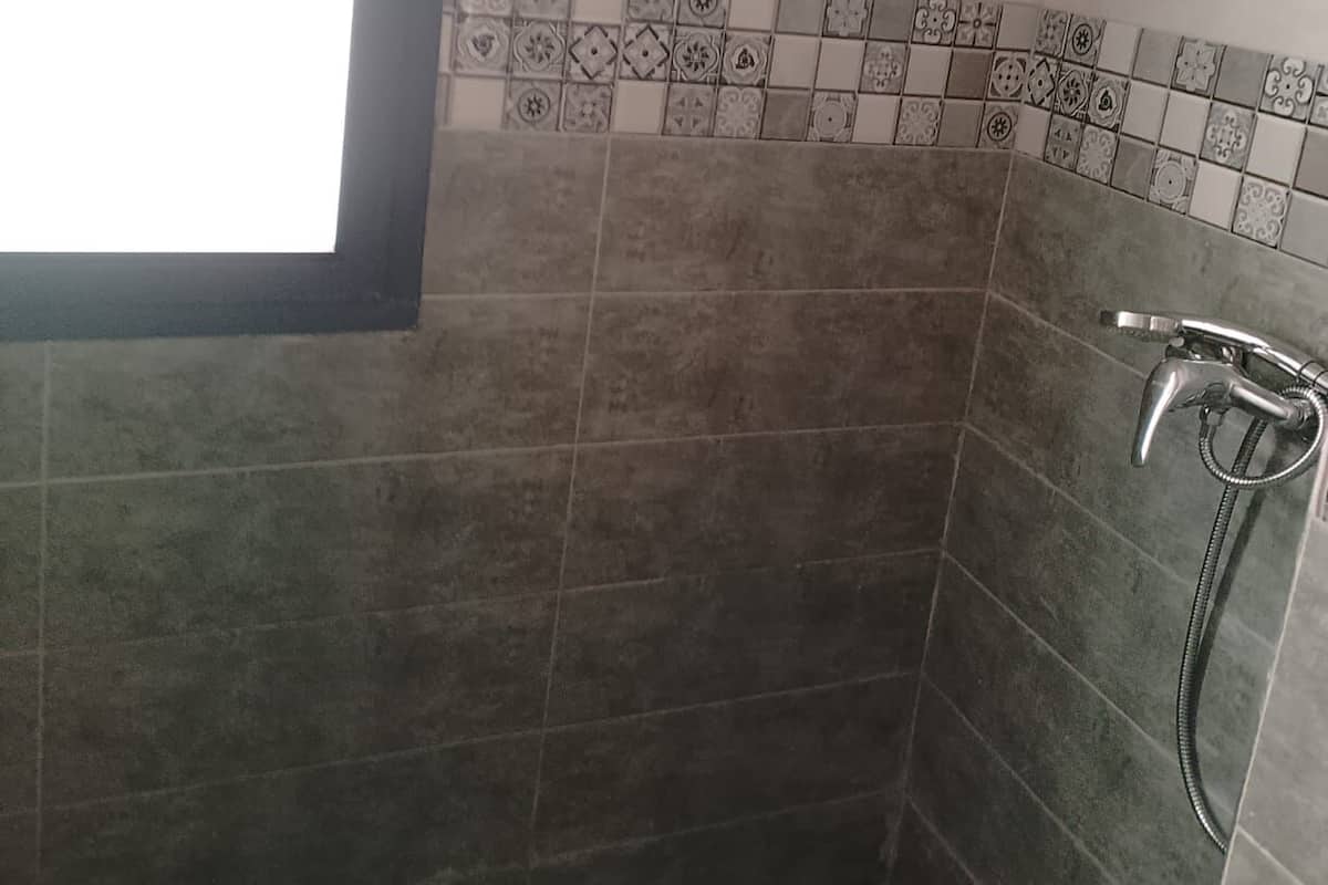 A bathroom with a shower, a window, and patterned tiles.
