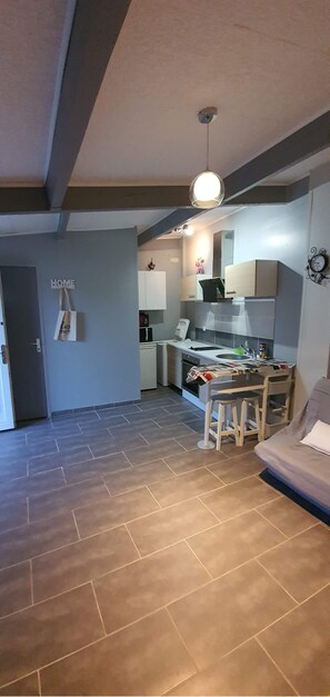 Cozy living space with a kitchenette, dining area, and seating space.