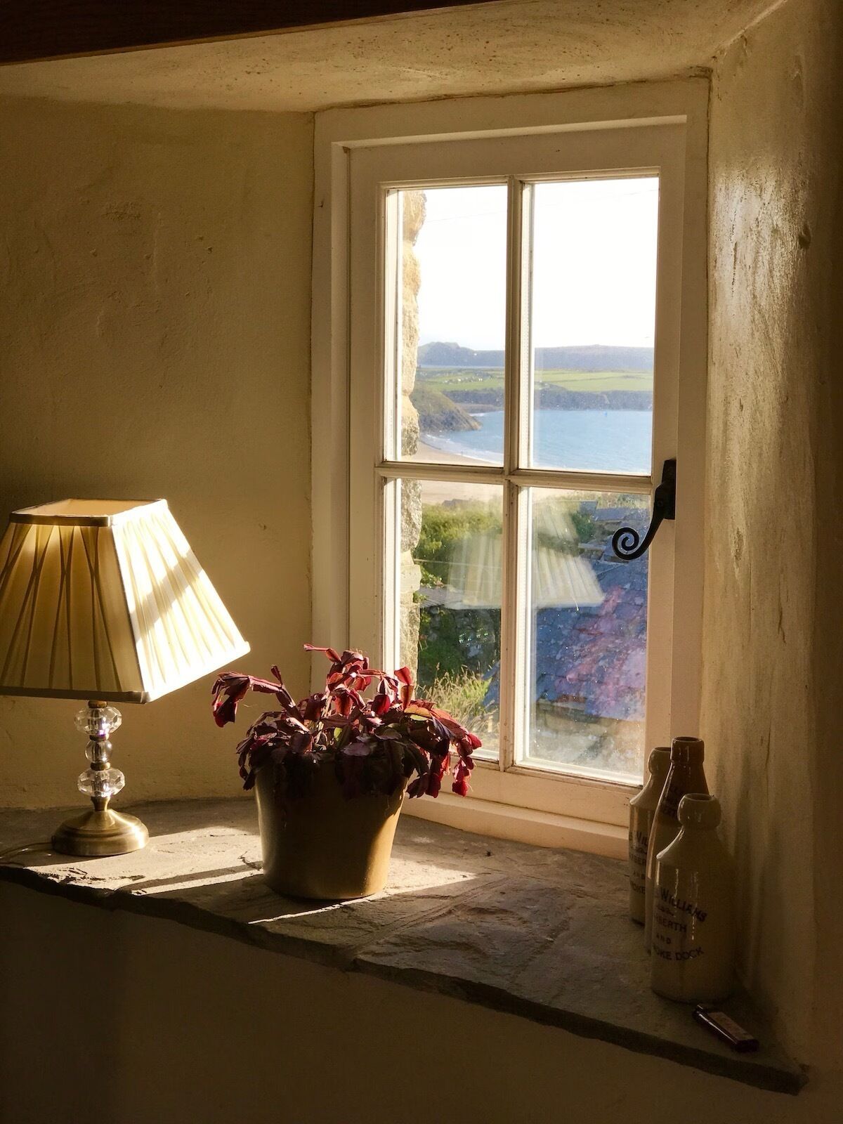 A window with a view of a coastal landscape, a lamp, and a potted plant on a windowsill.
