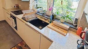 Eine moderne Küche mit einer großen Kochinsel, einem Einbauofen und Blick ins Freie.