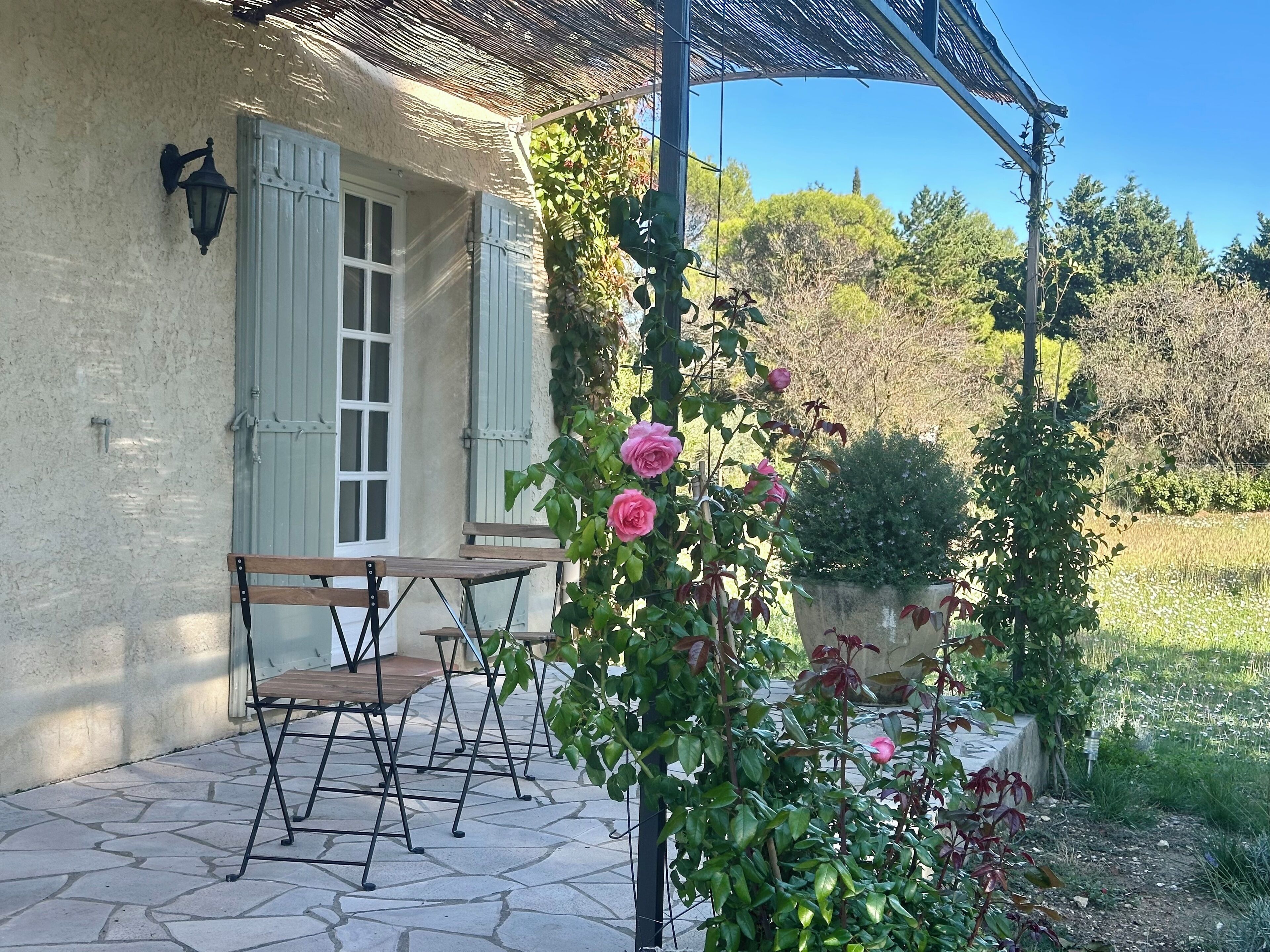Eine Terrasse mit Tisch und Stühlen, eine Pergola mit Rosenranken und eine Steinmauer.