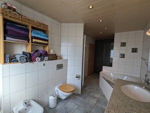 Shower, hair dryer, bidet, towels