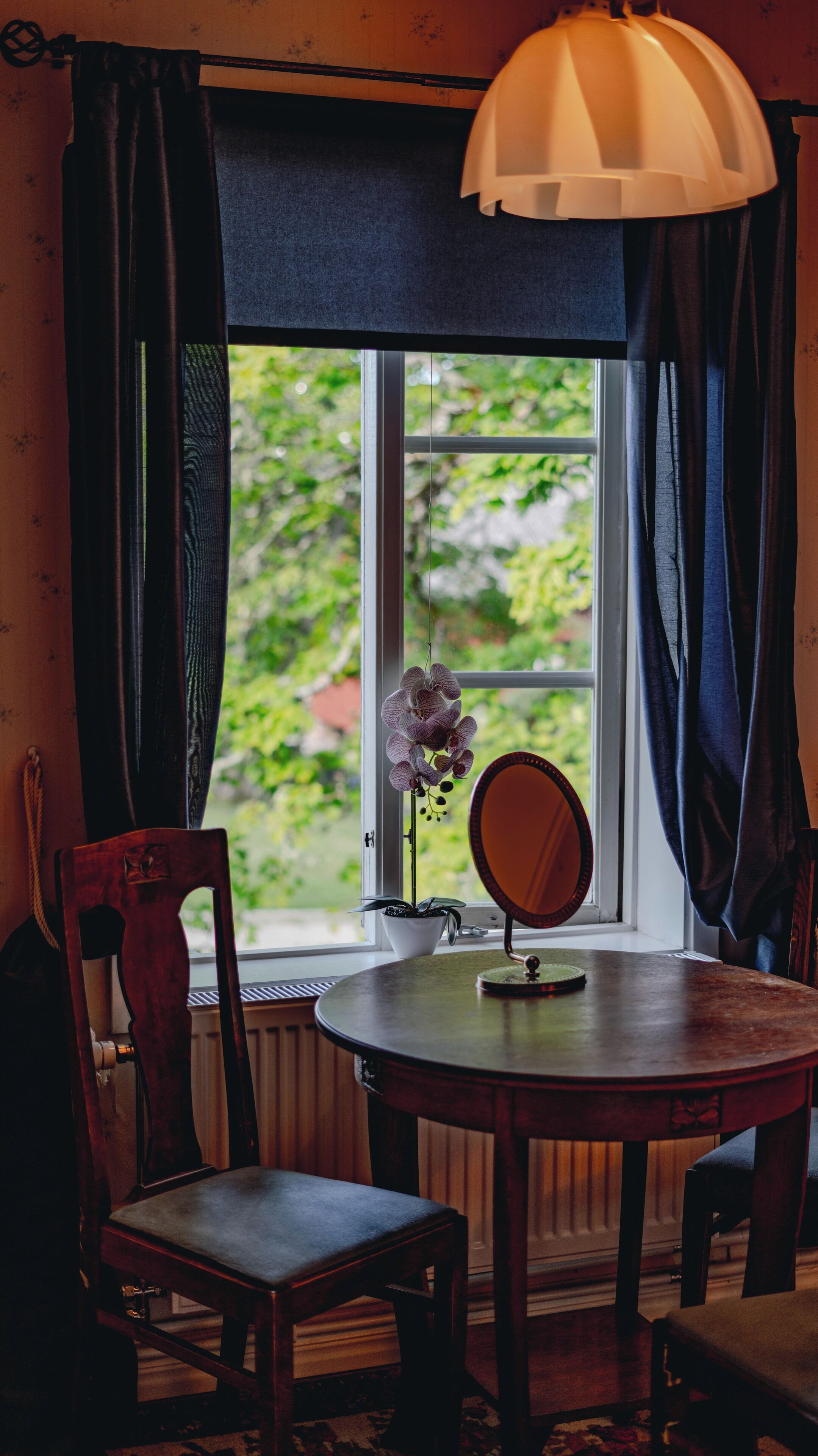 Une pièce avec une table ronde en bois, deux chaises, une plante en pot, un miroir et une fenêtre avec des rideaux.