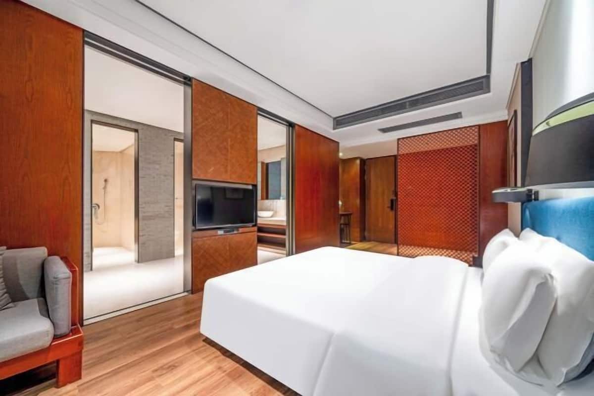 Una habitación de hotel moderna con una cama grande, un televisor y una zona de estar.