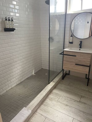 Hair dryer, towels, soap, shampoo