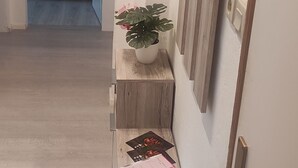 En hall med en träbänk, en krukväxt och en dörr med ett mässingshandtag.