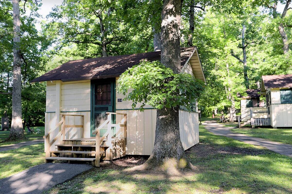 Une petite cabane dotée d’un porche et d’un escalier menant à une porte, le tout entouré d’arbres.