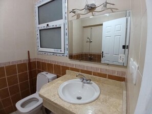 A bathroom with a toilet, sink, and shower.