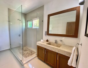 Shower, towels, toilet paper