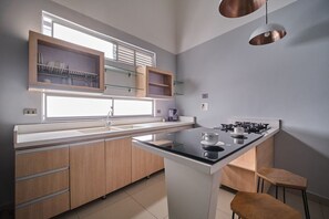 Fridge, microwave, oven, cookware/dishes/utensils