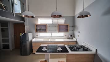 Fridge, microwave, oven, cookware/dishes/utensils
