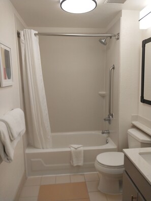 Hair dryer, towels, soap, toilet paper