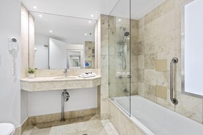 Hair dryer, towels, soap, shampoo