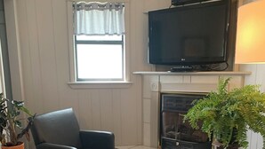 A living room with a fireplace, a television, and a potted plant. - Loblolly Pines Adventure Camp (Eureka Springs)