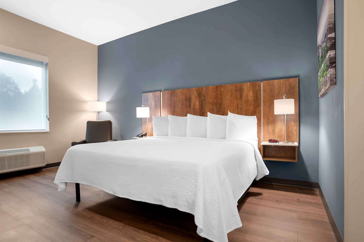 A hotel room with a large bed, two bedside tables with lamps, a window with a view, and a wall-mounted artwork.