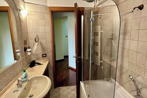 Hair dryer, bidet, towels, soap