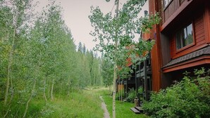 A pathway leading to a wooden building with a garden and trees. - Stylish 2 BR & 2 bath + Loft Durango Condo near Purgatory (Durango)