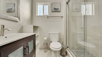 Hair dryer, towels, soap, shampoo